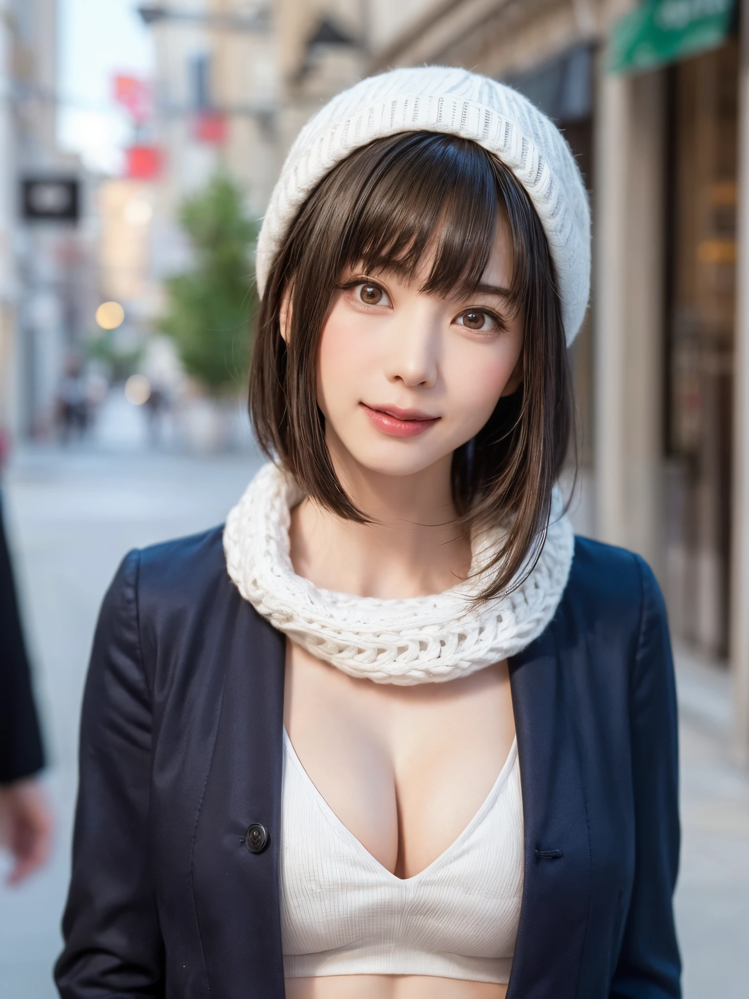 (Face Focus、Very eye focus、Head tilt、Very chest focus、underboob、mid-riff peak、hyper realisitic、Photorealistic、masutepiece:1.4, top-quality:1.4、Add intense highlights to the eyes:1.4、short shiny hair:1.4 ),1girl in, 独奏, short dark hair, scarf, Hats,, realisitic, looking at the viewers, brown eyes of light color,, shorth hair, coat, Winter clothes, White headscarf, s lips, lipgloss:1.4，bangss,a closed mouth, The upper part of the body、big eye、Lashes、((Street))、(((Shorthair with bangs:1.4、big eye、Put very strong highlights in your students、{Gigantic|Big|Huge|Mega} breasts, cleavage、very Bigger breasts、gazing at viewer、Very beautiful beauty、Put your ears out、long neck、little smiling、Close your mouth and smile、Beautiful teeth)))、Beautiful adult woman full of charm:1.4、(Autumn leaves are blue without people or cars々tree-lined street)