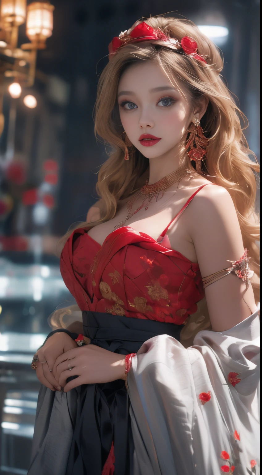 uma linda princesa, Characteristics of fantasy beauty, Seductive look,, luminous red eyes, Wearing a rose tiara and jewelry,Covered with floral glowing red crystal filigree, the ultra-detailed,Bold and majestic look