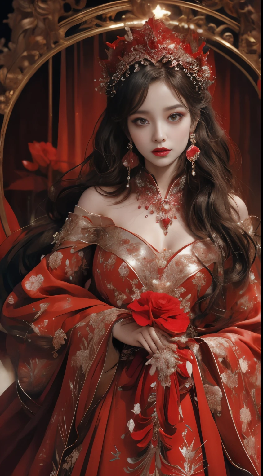 princess umalinda, Characteristics of fantasy beauty, Seductive look,, Glowing red eyes, Wearing a rose tiara and jewelry,Glowing red crystal filaments covered with flowers, the ultra-detailed,Bold and majestic look
