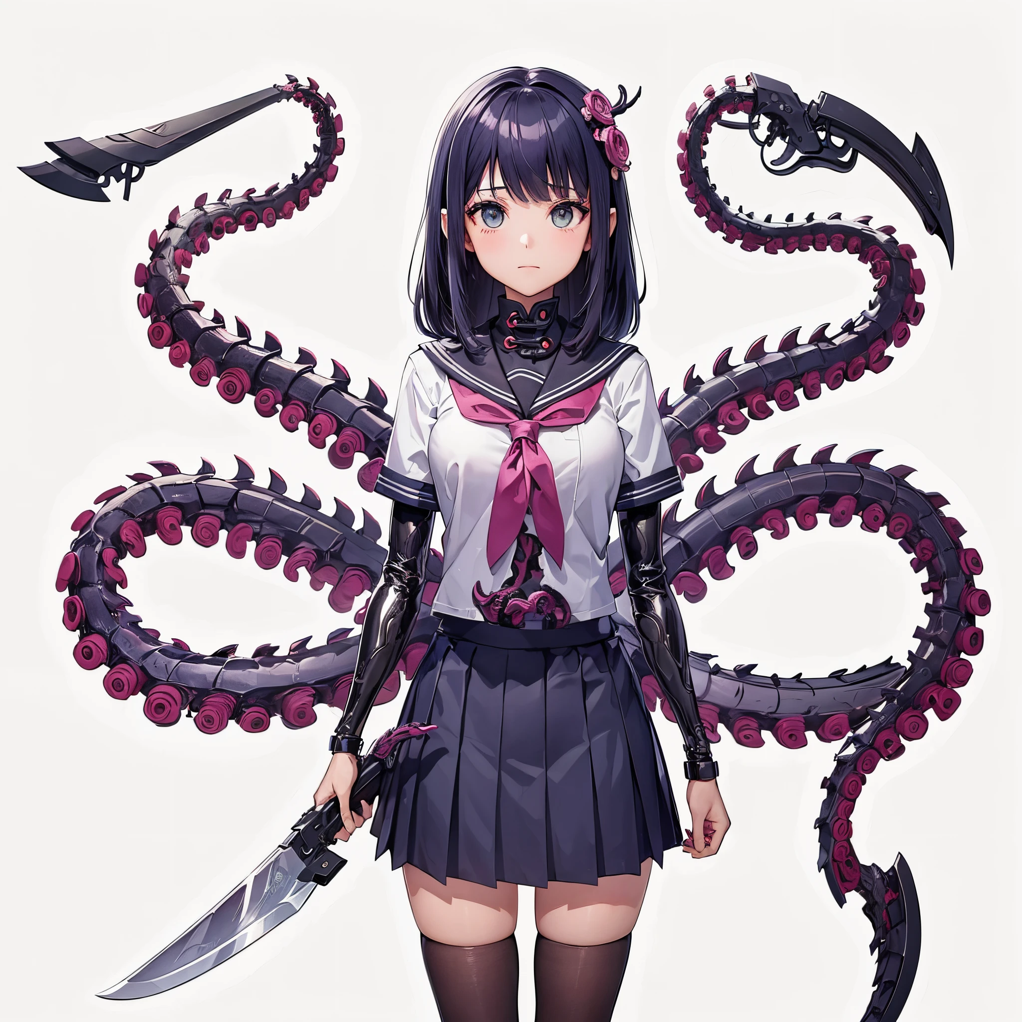 A girl with tentacles. She is a mechanical tentacle. A knife at the tip of the tentacle. A spine-like design. Japanese school uniform.