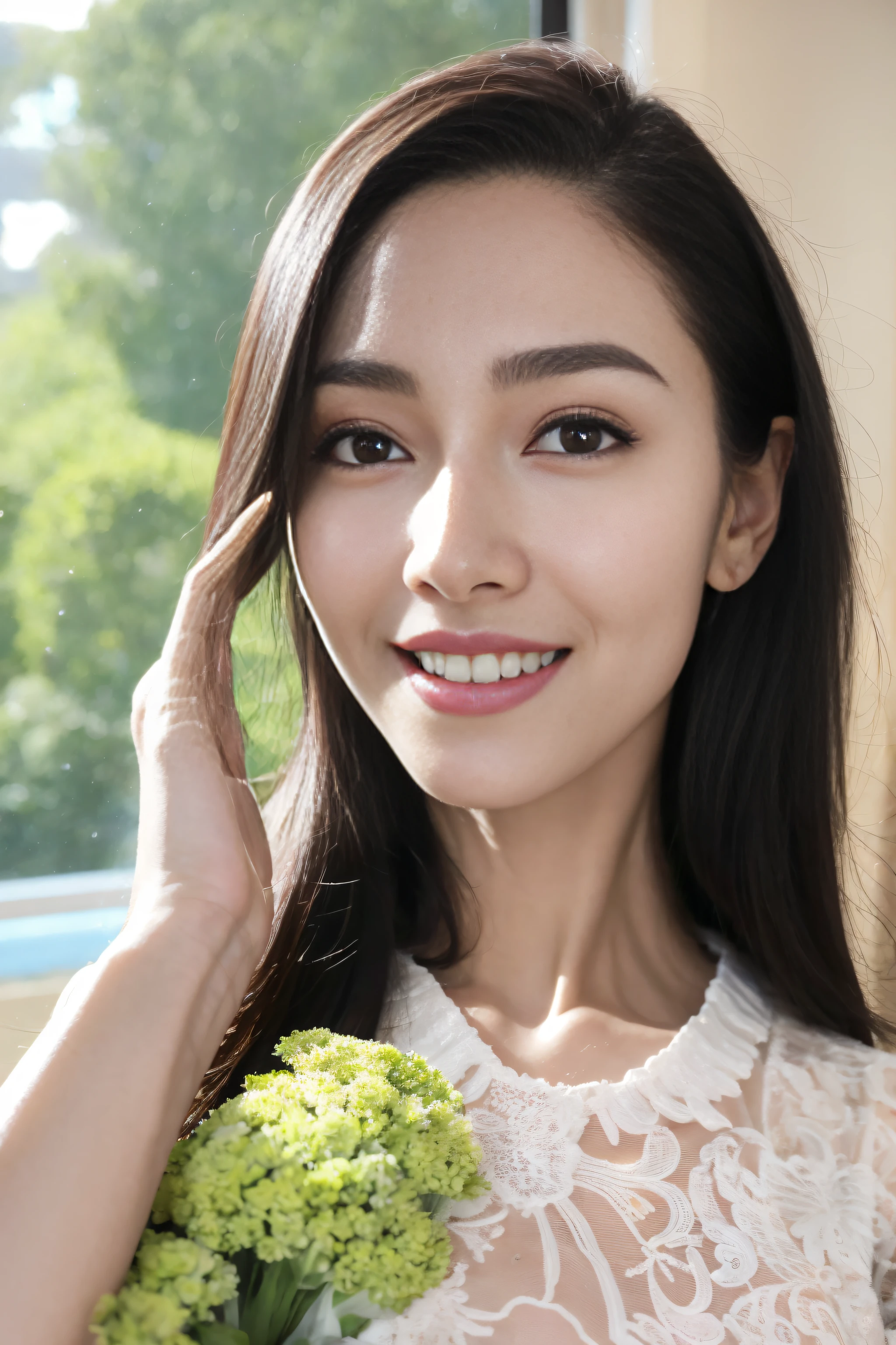 a fashion model，18yr old， [[[[climaxing]]], [[[[climaxing]]]], [[[[rapeseed]]]], [[[[bshoulders]]]], perfect  eyes, Perfect iris，perfect lips，perfect teeth，Perfect Skin，with fair skin，HighDynamicRange，Movie Girl，(delicated face)，(Highly defined faces)，（Raised sexy），((facial closeups))，(Enchanted smile)，(White openwork lace underwear)，In the background is the bedroom，Pretend to sleep，green trees outside the window，fresh flowers，4K Ultra HD, 超高分辨率, (realistically: 1.4), Best quality at best，tmasterpiece，（pastel colour：1.2）