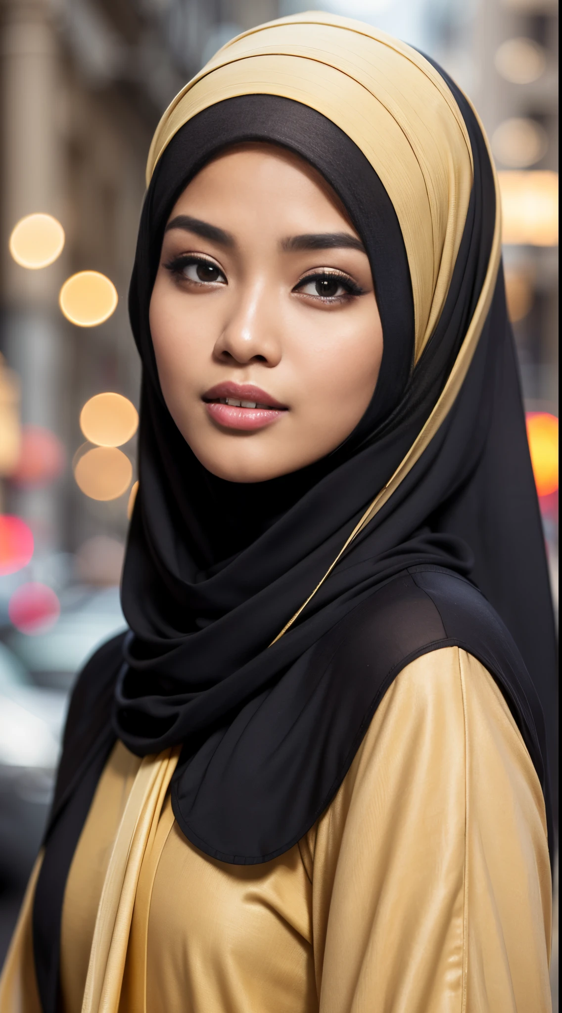 RAW, Best quality, high resolution, masterpiece: 1.3), beautiful Malay woman in hijab (iu:0.8),(((malay girl))), beutifull face, natural skin, wearing hot deep neck top and dupatta, charming black hair, ((hair ends are blonde)), city streets background, bokeh