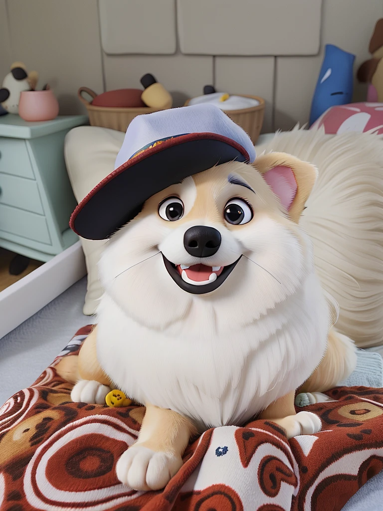 A smiling Pomeranian dog wearing a hat sitting on a Disney Pixar style blanket, alta qualidade, melhor qualidade