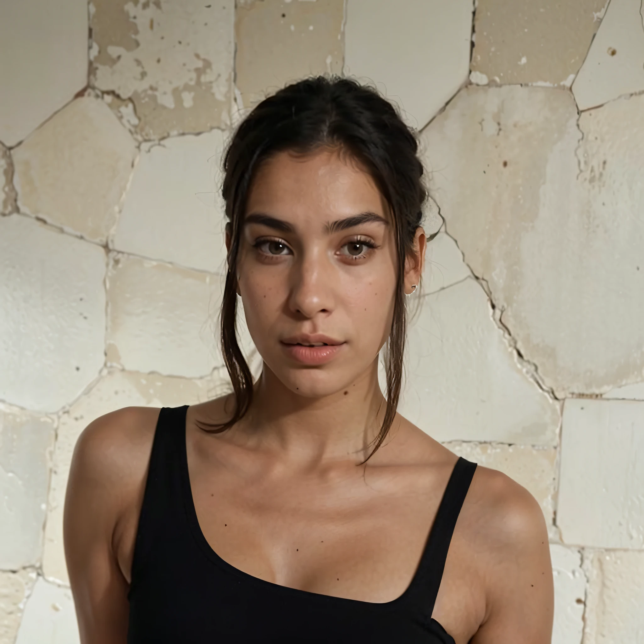passport photo of a woman in a black top and black shorts posing for a picture, 30-year-old woman from cuba, violet myers, looks like laura barriales, flawless olive skin, dua lipa, 2 4 year old female model, she is about 2 5 years old, gorgeous latina face, she has olive brown skin, she is about 20 years old