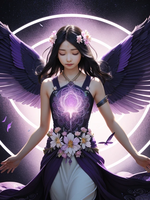 Imagine a serene scene with a woman standing tall, her wings spread wide, casting a purple-hued glow around her. She gazes confidently ahead, surrounded by symbols of healing and growth, perhaps blossoming flowers or swirling patterns representing her journey to acceptance. The overall atmosphere should feel tranquil yet empowering, capturing the essence of her healed spirit and acceptance of her womanhood.