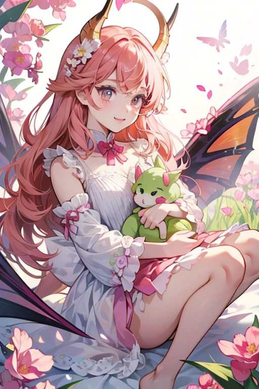 Snapdragon Cookie is a small baby dragon Cookie. They are mainly baby pink in color. They have salmon eyes with white diamond shaped irises, exceedingly long eyelashes that resemble antennae, and rosy cheeks. They have spiky peach hair with a horn and wings of the same color and a magenta gem on their forehead.

Snapdragon Cookie wears a salmon bow tie around their neck, resembling a butterfly’s wings. They have chartreuse feet. Their floral tail is a sprig of snapdragon flowers, starting in baby pink and fading to chartreuse at the end.
