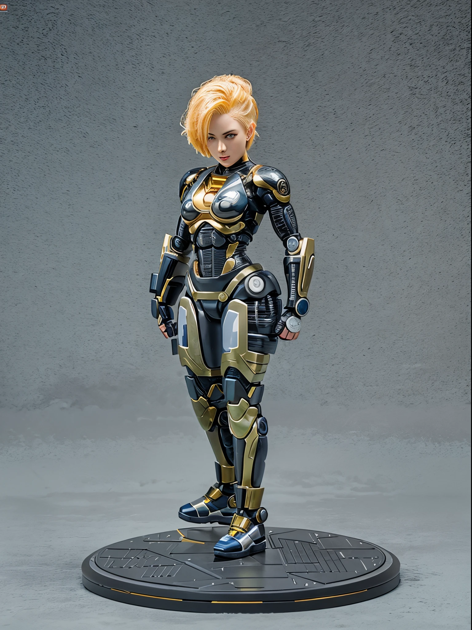Dragon Ball，Cyborg No. 18，Young woman，21yo，with short golden hair，Stand up，full bodyesbian，Resin material，Figures，toys，Black base，Advertising shooting，commercial scenery，