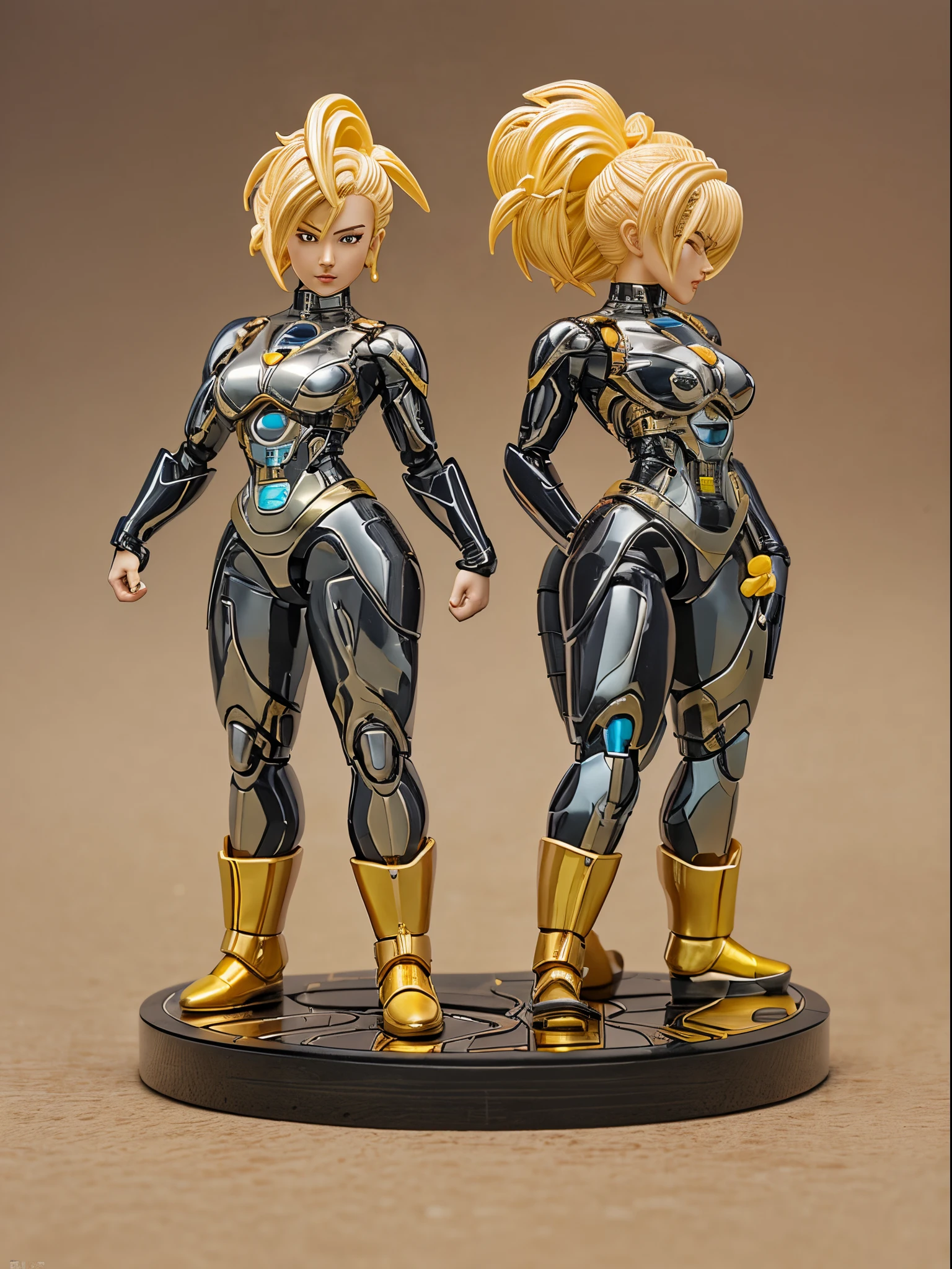 Dragon Ball，Cyborg No. 18，Young woman，21yo，with short golden hair，Stand up，full bodyesbian，Resin material，Figures，toys，Black base，Advertising shooting，commercial scenery，