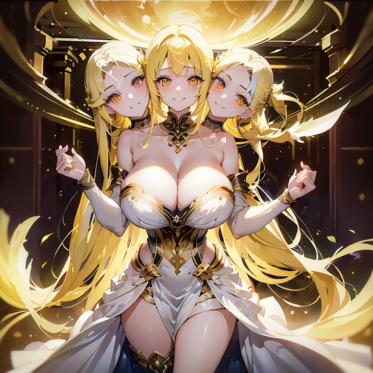 masterpiece, best quality), best resolution, (3heads:1.5), 1girl, yellow hair, yellow eyes, smiling, fantasy woman, extremely tall, white dress, huge breasts and thighs, piercing gaze, strong and confident expressions, moon background