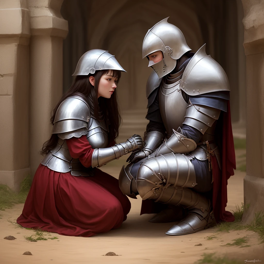 knight kneeling infront of mother
