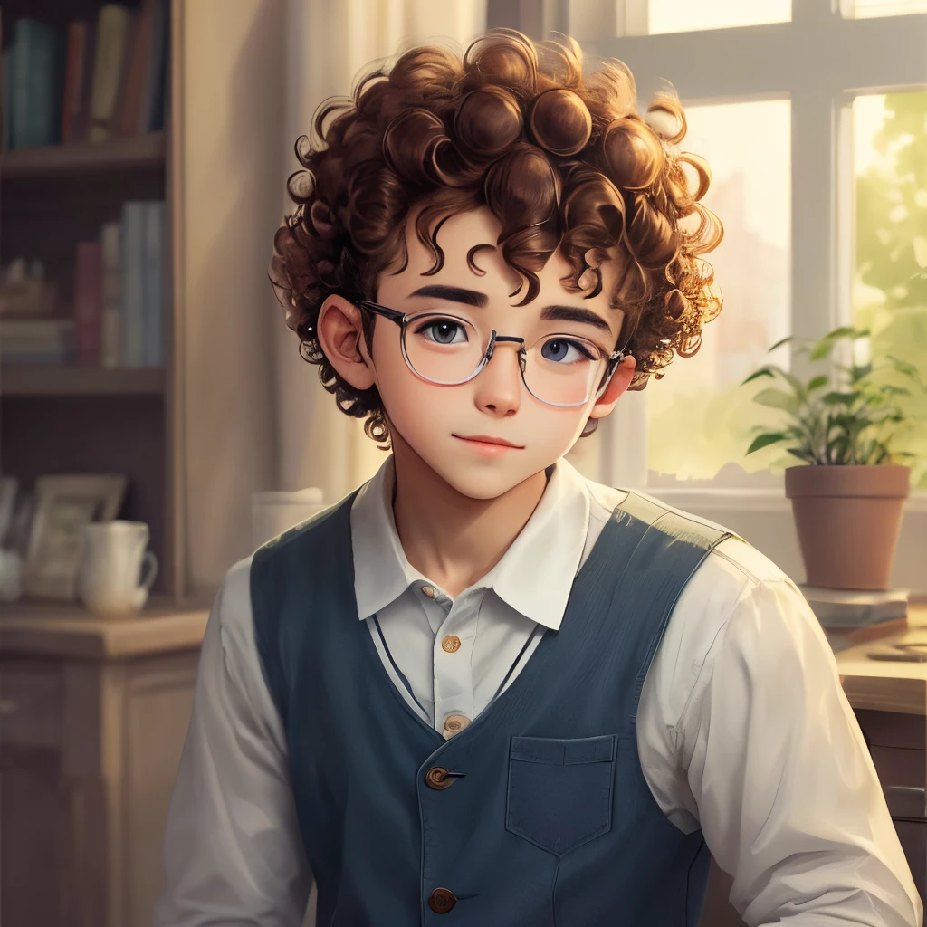 Glasses boy curly hair with fade in hair