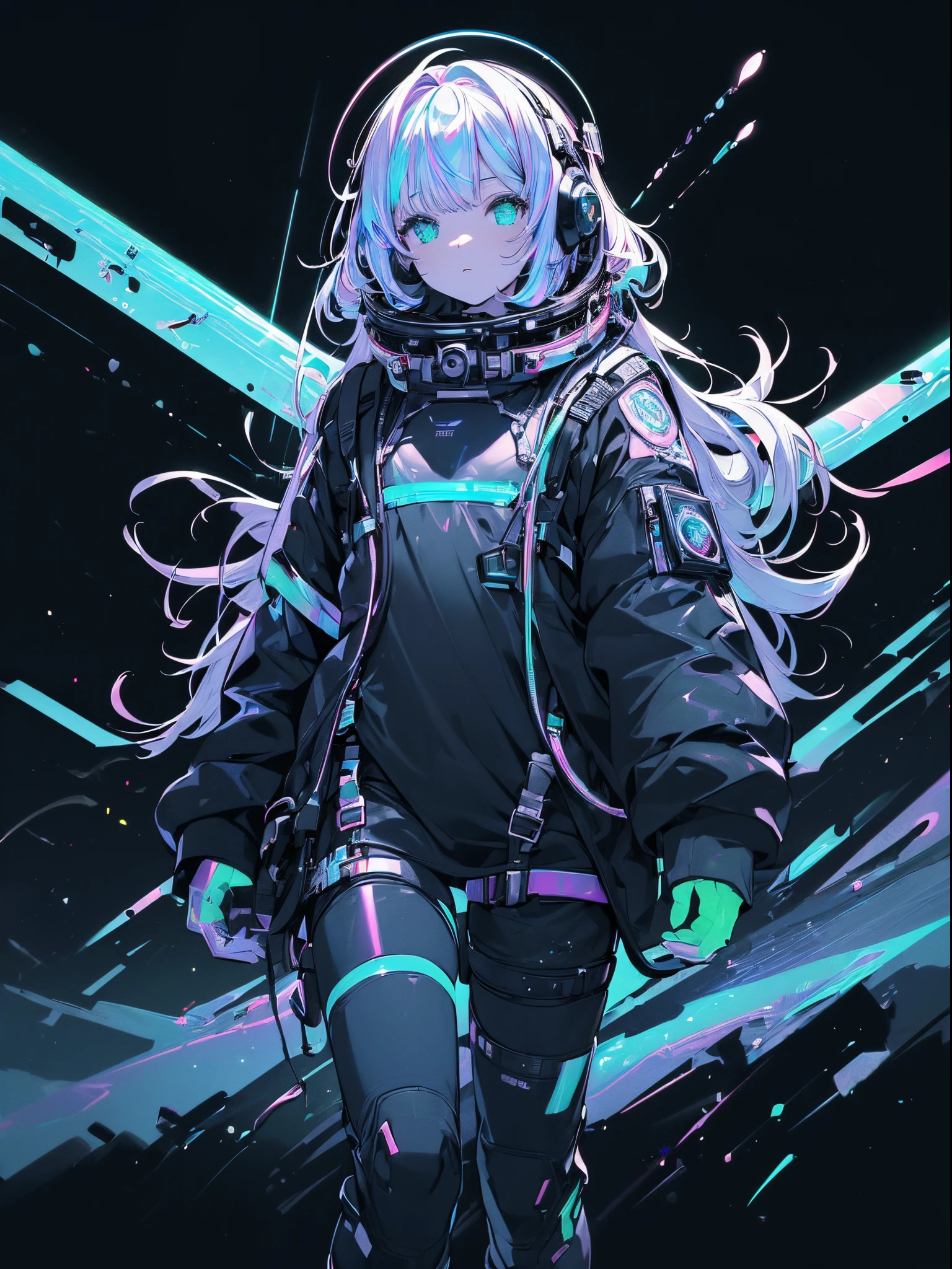 Female astronaut (((floating in space with air pipe connected to suit))), stars, planets, nebulas, full body, {extremely detailed 16k CG unit wallpaper}, expansive landscape photography, (a view from below with focus on the character and the scene), (wide view of the open field), (low angle photo), (high light: 1.2), (low light: 1.8), (warm light source: 1.2), details complex, (iridescent colors: 1.5), (bright lighting), (atmospheric lighting), dreamy, unique, lineart, black and white