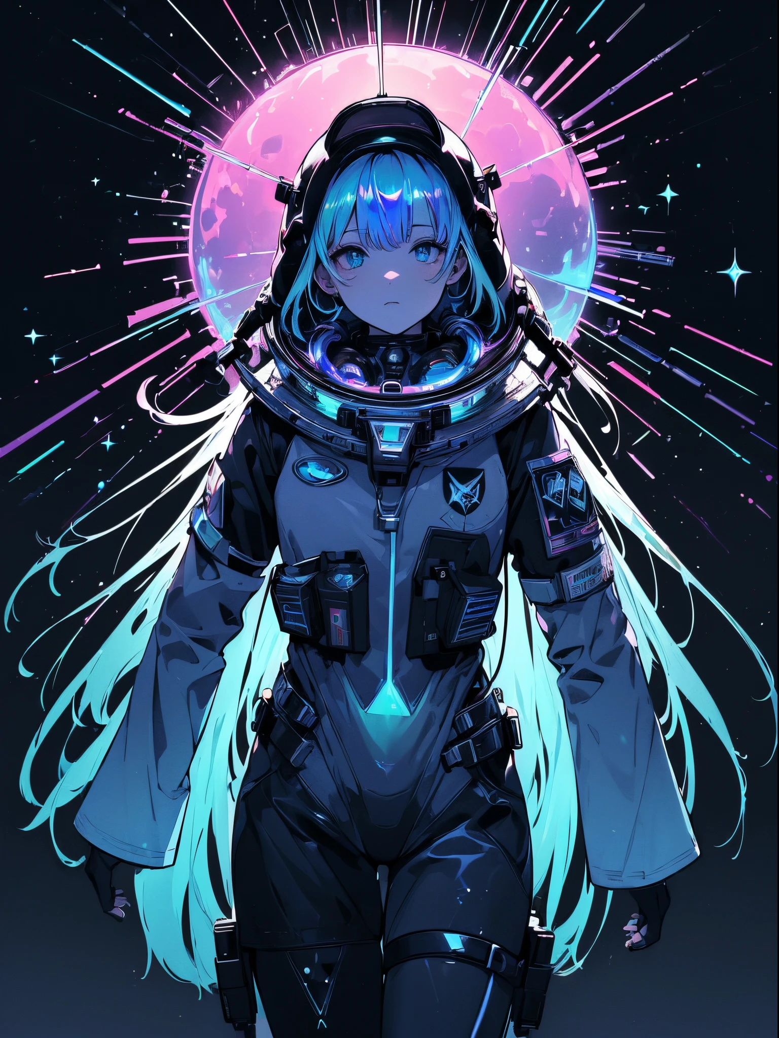 Female astronaut (((floating in space with air pipe connected to suit))), stars, planets, nebulas, full body, {extremely detailed 16k CG unit wallpaper}, expansive landscape photography, (a view from below with focus on the character and the scene), (wide view of the open field), (low angle photo), (high light: 1.2), (low light: 1.8), (warm light source: 1.2), details complex, (iridescent colors: 1.5), (bright lighting), (atmospheric lighting), dreamy, unique, lineart, black and white