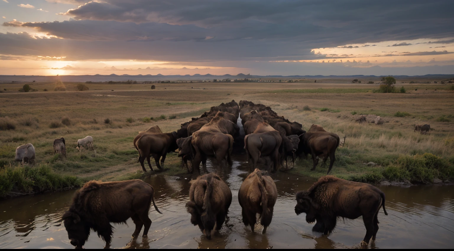 ((best quality)), ((masterpiece)), (detailed), ((American bison)) herd drinking at a river. open American west plains, ((glowing sunset sky)), sun behind clouds