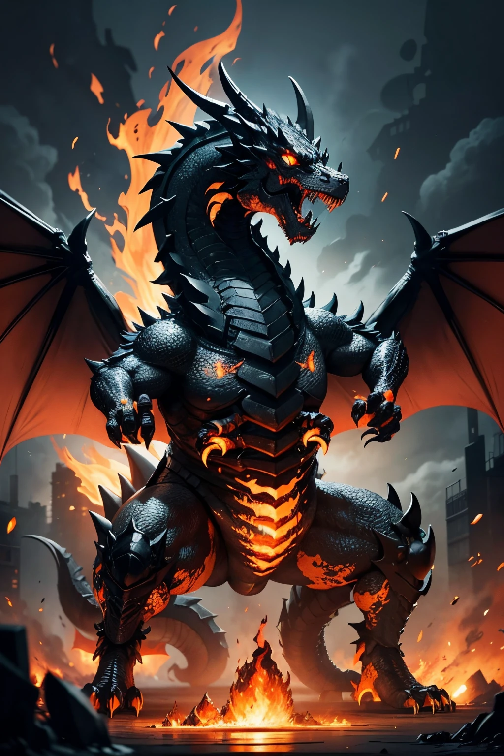 giant black dragon covered in tar and glowing orange eyes