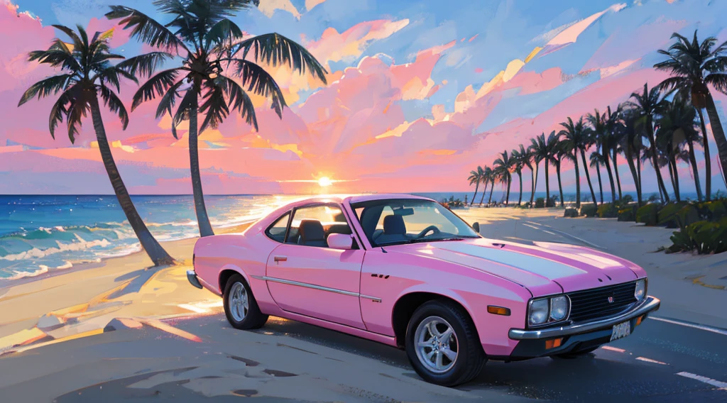 sand beach, pink sky, palm tree, (white classic car)