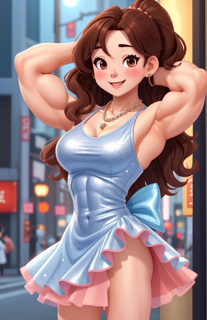 attractive korean woman, ripped muscle, muscular body, small breast, pale skin, smile(blush), sequin dress, thin chain necklace, sixpack abs, [ultra detailed skin:1.2], brown hair, wavy hair, 8k uhd, full body, crowd, public, night, standing, Slightmuscle,