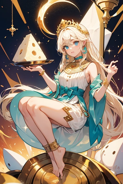 Mozzarella Cookie is a thickish Cookie of average height with deep brown skin. She has turquoise blue eyes and matching eyeshadow, round eyebrows, a cat-like mouth, and floor-length prehensile platinum blonde hair resembling mozzarella cheese. She is barefoot and wears a sleeveless white dress with a turquoise wrap and gold trim, a gold anklet and bracelet, and a matching gold headdress resembling cow horns with a floating wedge of cheese in the shape of an inverted triangle. Mozzarella Cookie is often seen carrying a golden bell engraved with a wing design.