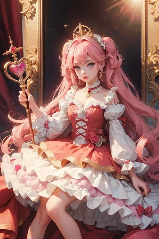 rincess Cookie has golden dough and pink hair with two mirrored sets of three curls, each with heart-shaped striped ribbons. Ela tem olhos vermelhos escarlates cintilantes e usa um vestido rosa brilhante em camadas com babados., casaco branco, mangas pufe, e uma gola de babados com um broche vermelho rubi. Ela carrega um cetro adornado com joias que ostenta uma coroa na ponta e usa luvas com babados e recortes retangulares nas costas.. She doesn't wear shoes.