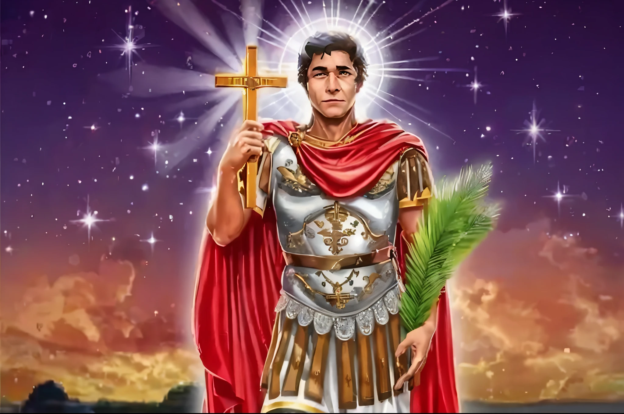 um close up de um homem de armadura segurando uma cruz, Paladino Santo, Armadura Sagrada, vestido com armadura romana, por Pogus Caesar, christian saint, Santo Cruzado Medieval, Santo cruzado medieval, Imperador Romano, caesar victorious, NPC com halo de santo, holy sword in his hands, vestidos com roupas romanas, Elon Musk como um deus grego, epic biblical representation