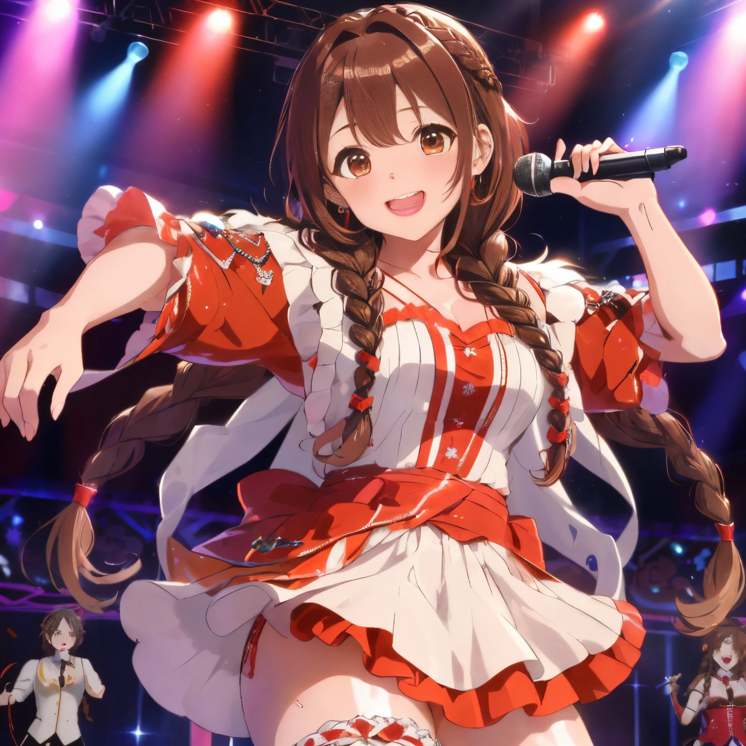 fluffy hair,((brown haired)),((Braided shorthair)),Slightly red tide,((Brown eyes)),(Live stage illuminated with colorful lights),((Fluffy and voluminous idol costumes)),(sing with a microphone decorated with ribbons),(little sweat),A happy smile,((Dancing while singing)),