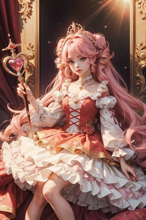 rincess Cookie has golden dough and pink hair with two mirrored sets of three curls, each with heart-shaped striped ribbons. Ela tem olhos vermelhos escarlates cintilantes e usa um vestido rosa brilhante em camadas com babados., casaco branco, mangas pufe, e uma gola de babados com um broche vermelho rubi. Ela carrega um cetro adornado com joias que ostenta uma coroa na ponta e usa luvas com babados e recortes retangulares nas costas.. She doesn't wear shoes.