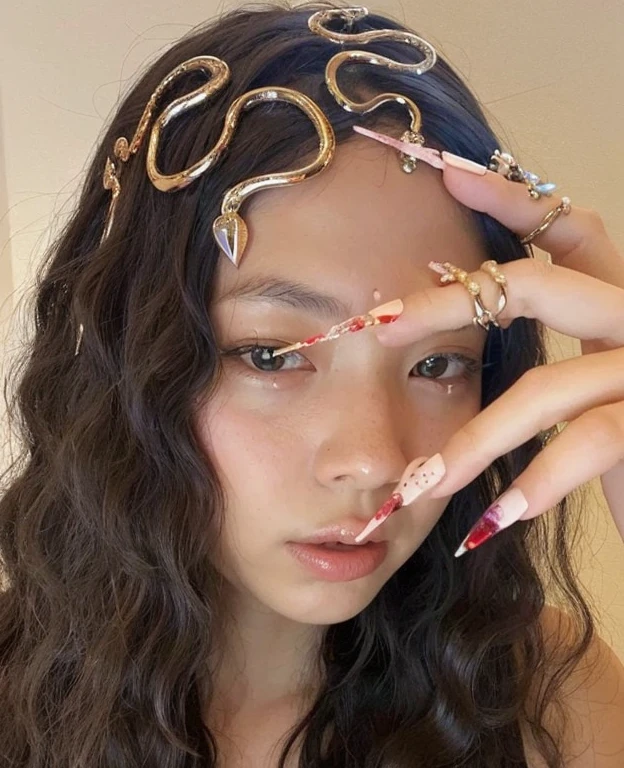 Mujer arafed con una diadema de serpiente y anillos en la cabeza., sus muchas serpientes como pelo, con serpientes para el pelo, Blackpink Jennie, garras largas, serpientes para el pelo, photo of a hand jewellery model, Accesorios faciales, album art, Parece una mezcla de grimes, nails long, mezclado con serpiente, 🔞🤡, Gemma Chen, Reina de las serpientes
