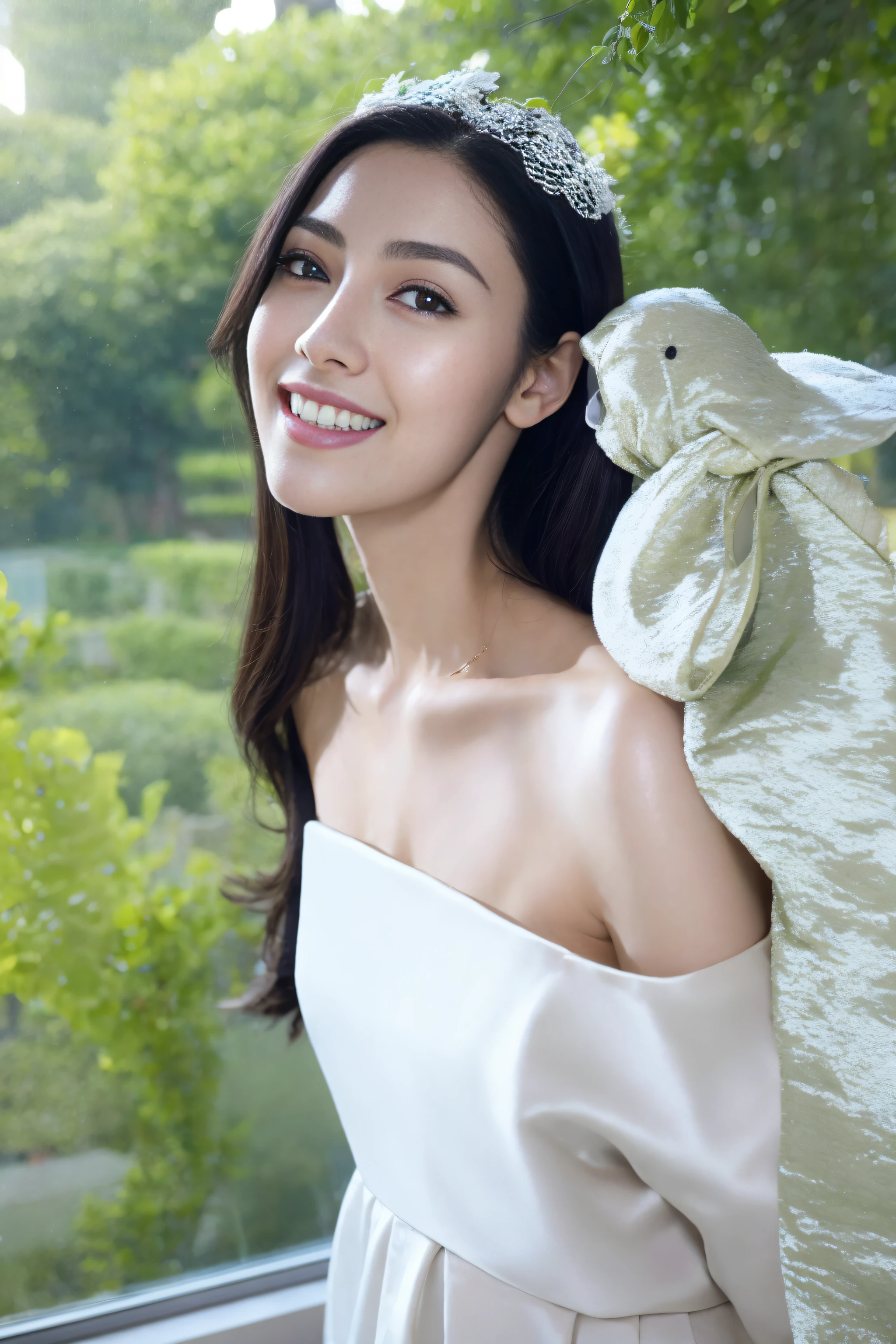 a fashion model，18yr old， [[[[climaxing]]], [[[[climaxing]]]], [[[[rapeseed]]]], [[[[bshoulders]]]], perfect  eyes, Perfect iris，perfect lips，perfect teeth，Perfect Skin，with fair skin，HighDynamicRange，Movie Girl，(delicated face)，(Highly defined faces)，（Pure girl），Enchanted smile，(White openwork lace underwear)，In the background is the bedroom，green trees outside the window，fresh flowers，4K Ultra HD, 超高分辨率, (realistically: 1.4), Best quality at best，tmasterpiece，（pastel colour：1.2）