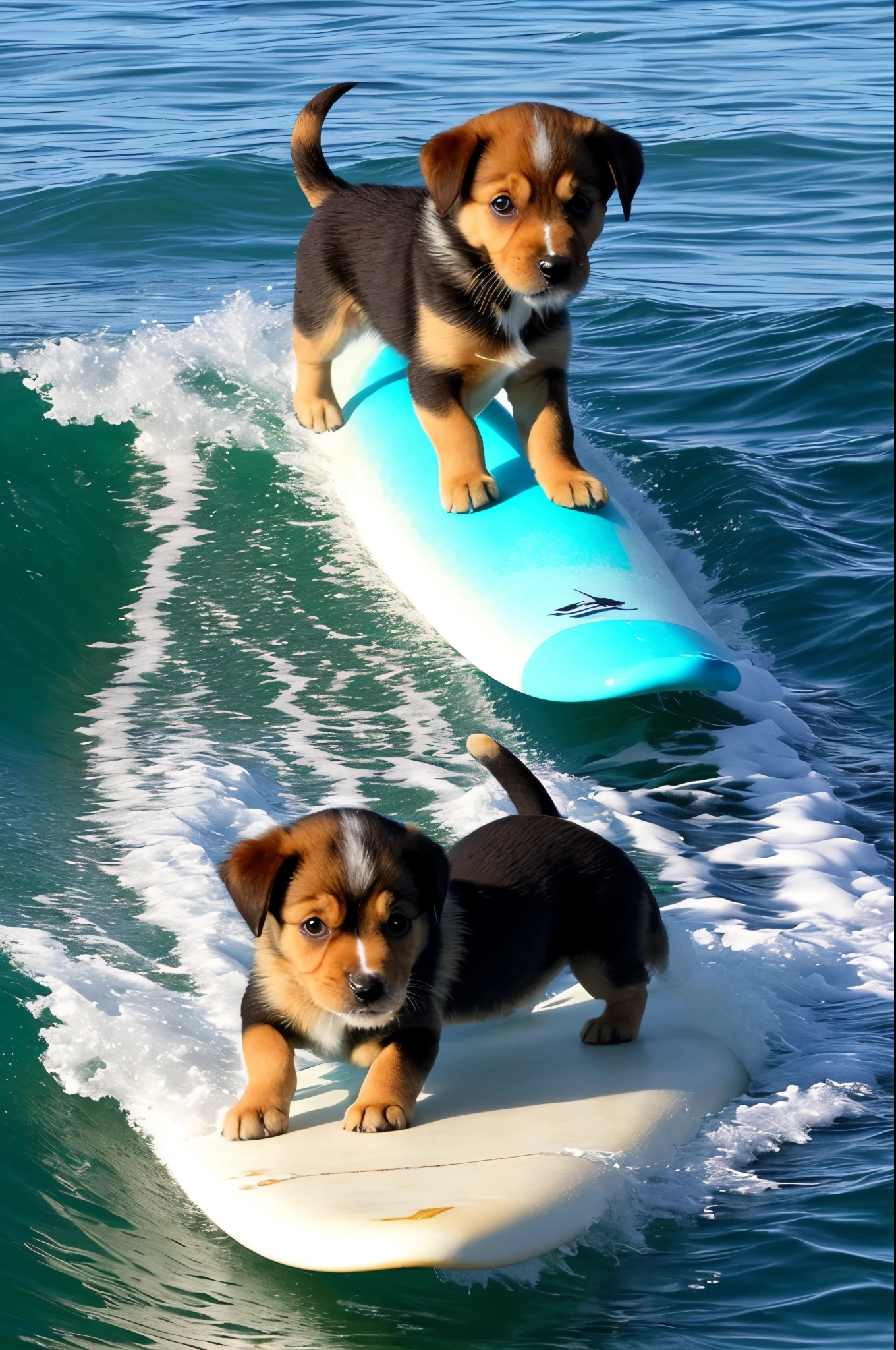 Puppy surfing on a surfboard