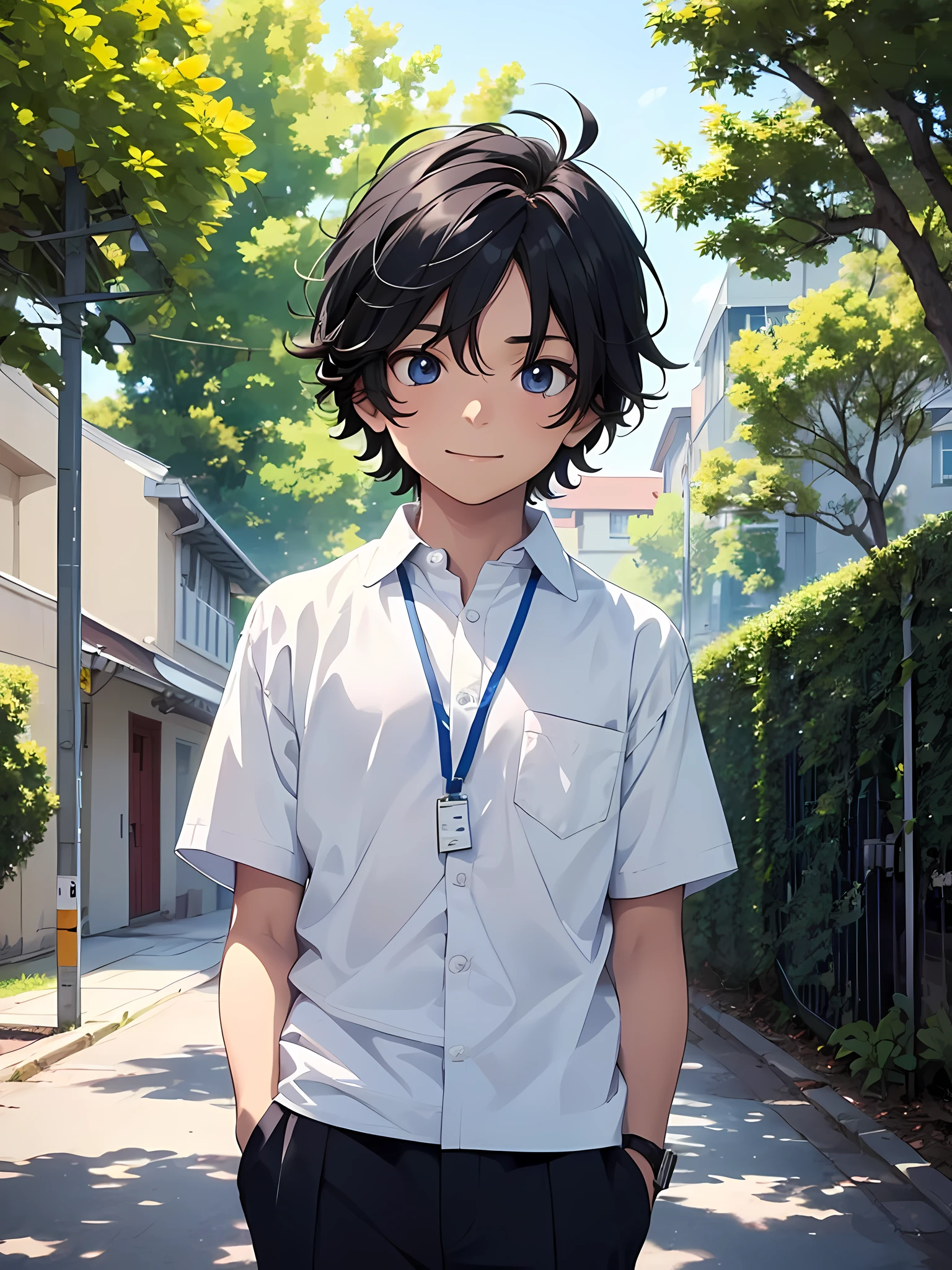 1boy, young male, age 12, black hair, happy, solo, detailed eyes, clear eyes, quality eyes, masterpiece, (UntuckedShirt:1.3), UntuckedShirt, student, White shirt (untucked, plain white, pocket), short sleeves, long black pants, wearing blue lanyard, standing, park, school, anime, line art anime