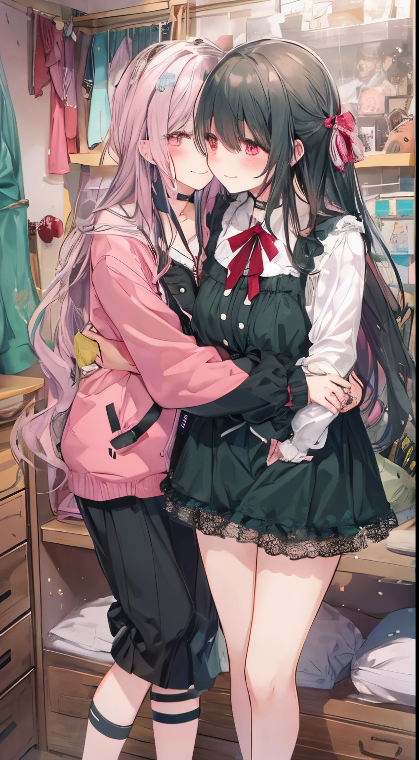 looking happy smile、((two people hugging in the room:1.8)),(blush:1.1),Choker,tome'same as them'having a physical fight、top-quality、masutepiece、Blushing cheeks、Mine makeup、Yandere Images、black and red ta fashion、One person shortcuts、Colorful long hair、《Messy room》、bustup、The style is very good、two women appear、femele2a person