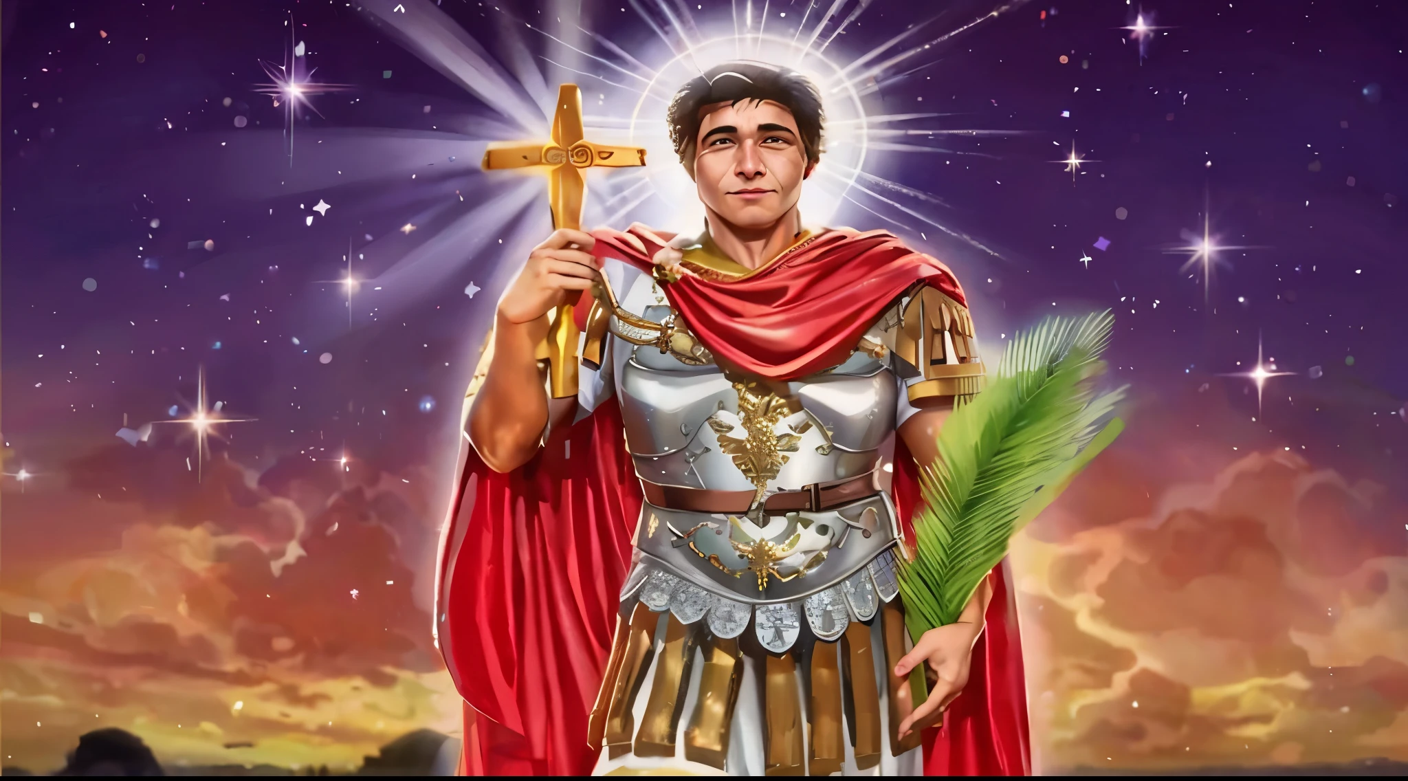 um close de um homem de armadura segurando uma cruz, Paladino Santo, Armadura Sagrada, vestido com armadura romana, por Pogus Caesar, christian saint, Santo Cruzado Medieval, Santo Cruzado Medieval, Imperador Romano, caesar victorious, NPC com halo de santo, holy sword in his hands, vestidos com roupas romanas, Elon Musk como um deus grego, epic biblical representation