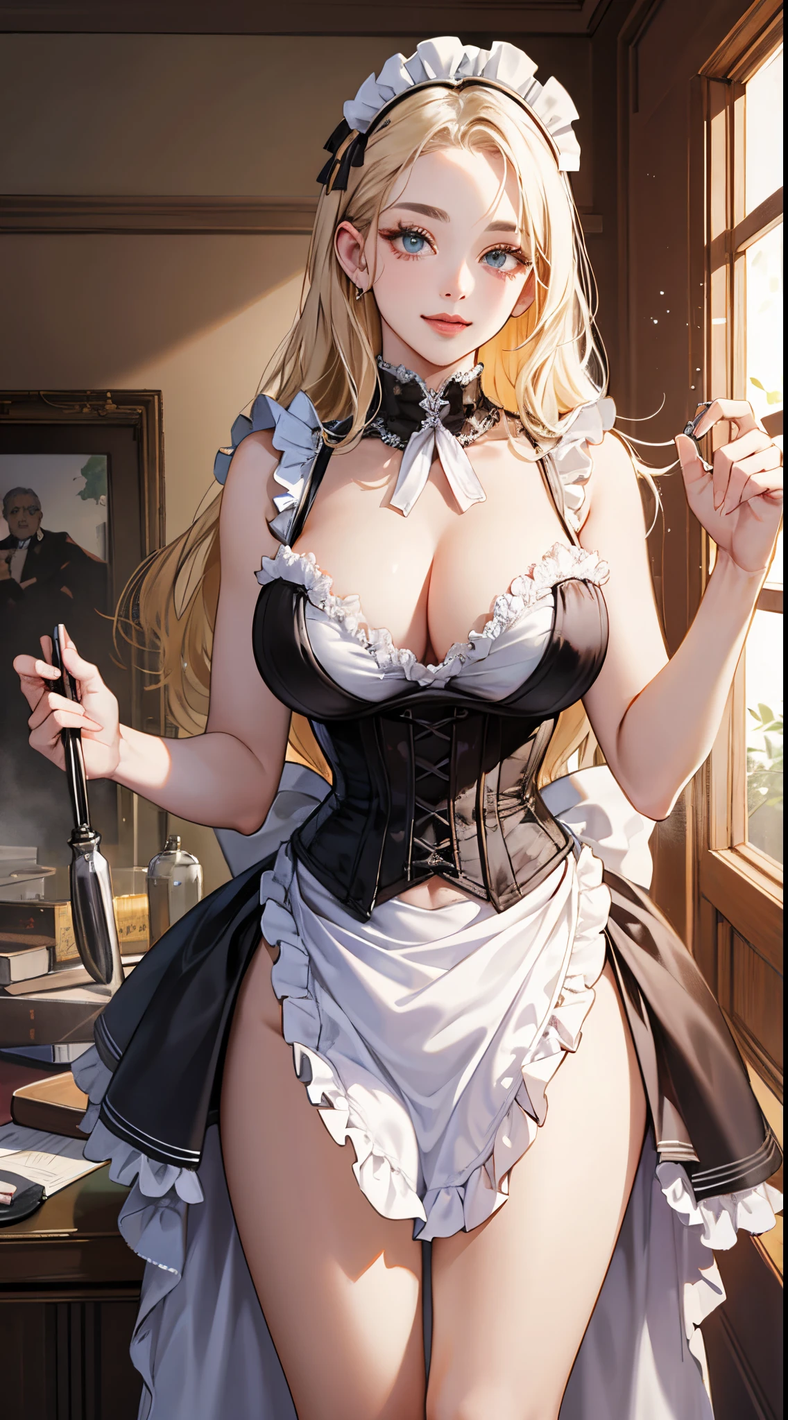 top-quality、realistic touch,high-detail、photoRealstic、Long body、captive beauty、big eye、huge tit、Strong platinum blonde eyelashes、platinum-blonde、Beautie、A sexy、full body Esbian、Sparkling eyes、Submissive smile、Flushed cheeks、Kamimei、thin-waist、Voluptuous thighs、Enraptured look、Raked bangs、The forehead is protruding、Corset to emphasize the chest、Obedient maid、sleeveless、She isn't wearing skirts and hides her genitals only with a thin apron、Standing、A girl