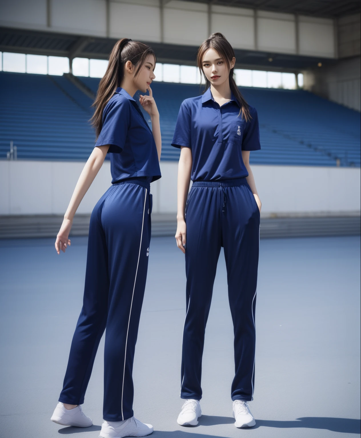 (bestquality,10,10,highres,masterpiece:1.2),ultra-detail,(Realistic,photorealistic portrait,photo-realistic:1.37),1 Cute girl in the football field,oily shiny skin,bara,light smile,BDclothes,((blue shirt:1.3)),short sleeves,shirt, trousers.,(navy_long_Pants Track:1.1), ((Stadium Background:1.3)),dynamic angle,excited,face focus,Dynamic Poses,from behide,Ass Focus,masterpiece, bestquality, ultra realistic, hyper-detail, 8k resolution, RAW photo, crisp focus, ((Navy blue shirt:1.1)), short sleeves, Long Path, Perfect body, 2 mature women, 18yo, cinematic light,Blue sweatpants,Gymware,Correct anatomy,Complete body, Correct body, sharp face, Anatomically correct body, full entire body, Realistic gestures, long-haired, Realistic poses,Wear long shorts........................,Long leg span,Shapely,Sculpting Girl, Slender Figure, mannequin mannequins, Shapely, Beautiful body,Blue sweatpants, Two girls kissing