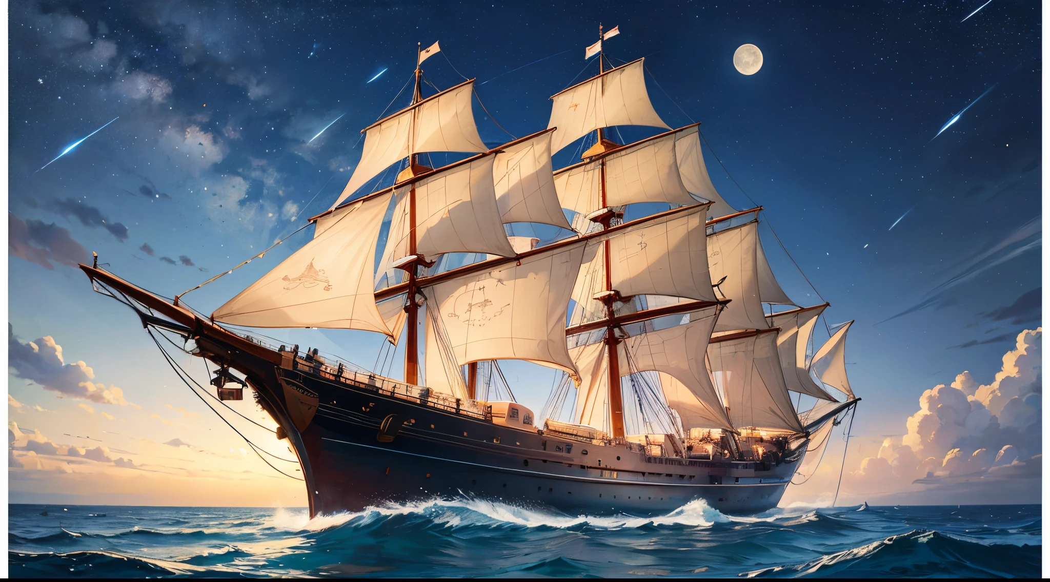 masterpiece, highest quality, (very detailed), ((1ship)), (3 masts), (classical era ship), sailing near beautiful town, night, lots of stars, moon in background, clear blue water