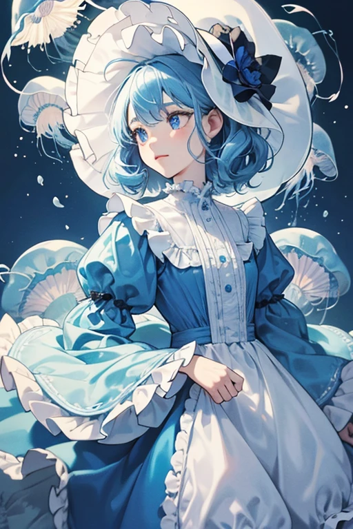 Frilled Jellyfish Cookie has slightly-desaturated blue skin that lighter around the bottom of her face. She has round, blue pale eyes with white pupils that are often closed, and has long, round eyelashes in a navy blue colour. She wears a white frilly housemaid's dress, with a translucent bonnet reminiscent of a jellyfish's bell. Frilled Jellyfish often wears a small and innocent smile, and usually opens her eyes whenever she seems shocked.