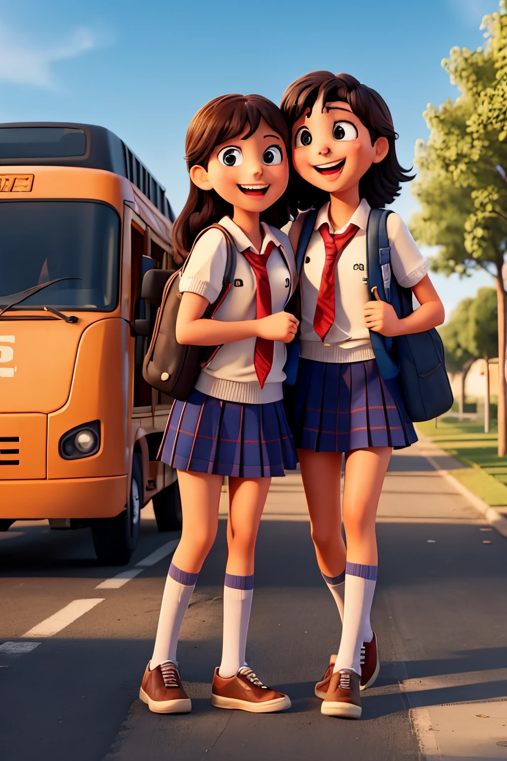 Friends going to school are laughing happily