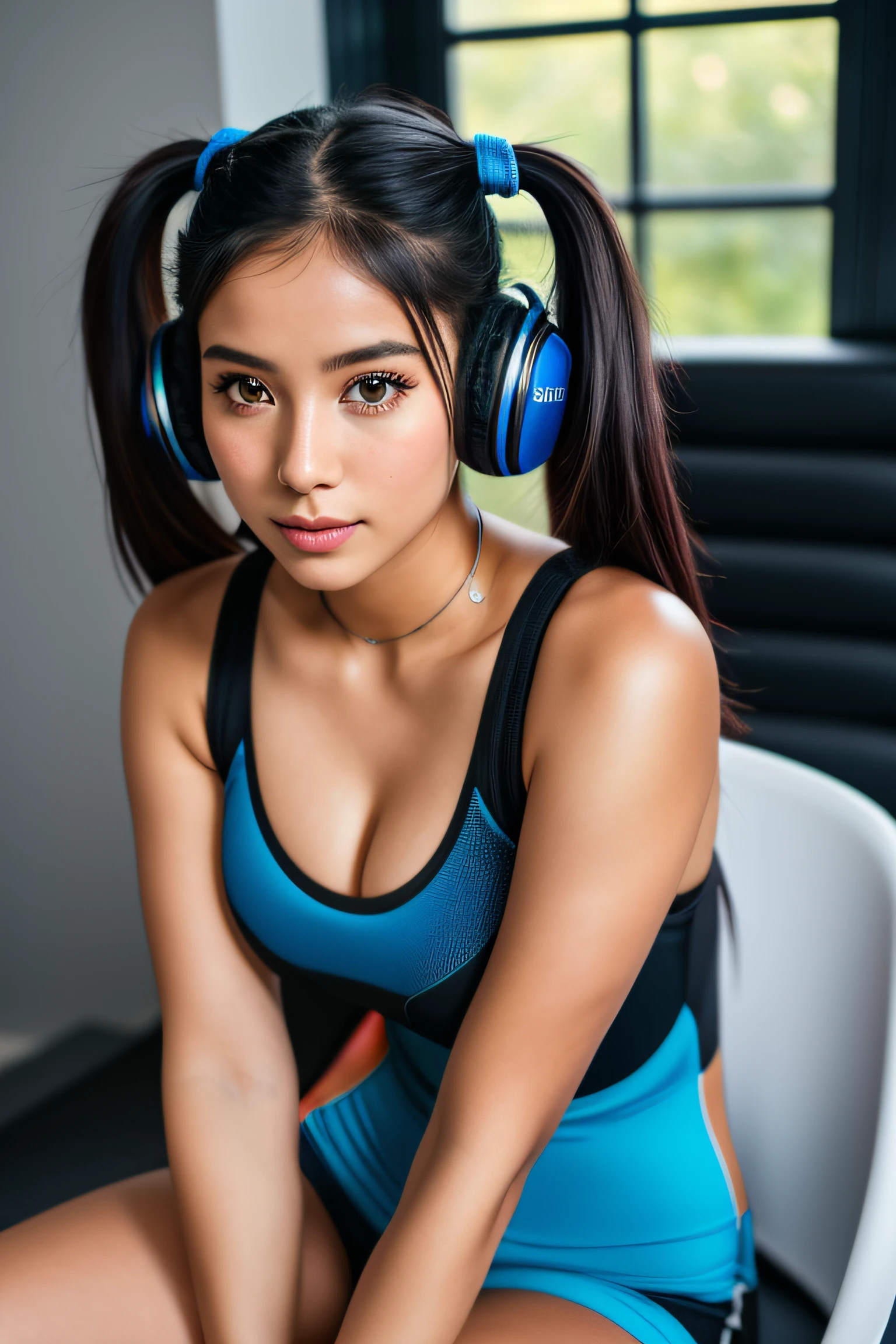 photo of (emikin:0.99), a woman as a sexy TikTok influencer, modelshoot style, cobalt hair, twintails, sitting on a gaming chair, headphones around her neck, cobalt eyes, happy, Wearing low cut singlet, (extremely detailed CG unity 8k wallpaper), photo of the most beautiful artwork in the world, professional majestic (photography by Steve McCurry), 8k uhd, dslr, soft lighting, high quality, film grain, Fujifilm XT3 sharp focus, f 5.6, High Detail, Sharp focus, dramatic, Cleavage showing , (looking at viewer:1.2), (detailed pupils:1.3), (natural light), (closeup:1.0), (seductive)