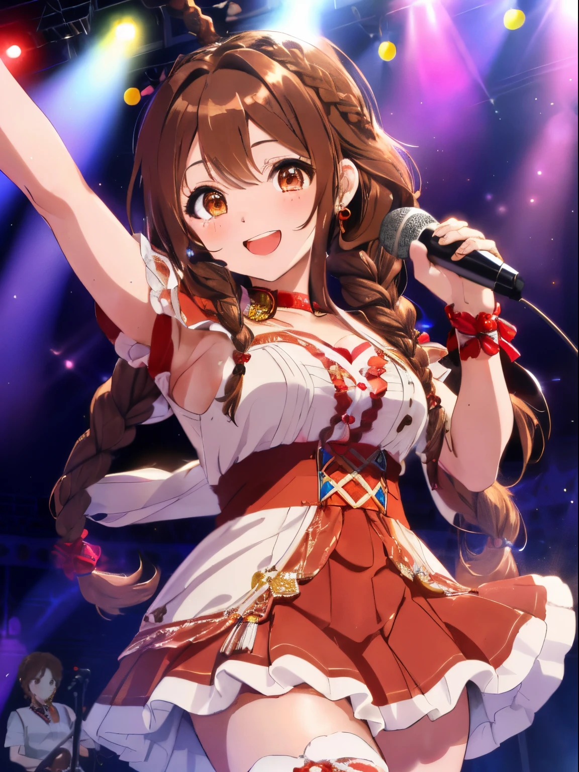 fluffy hair,((brown haired)),((Braided shorthair)),Slightly red tide,((Brown eyes)),(Live stage illuminated with colorful lights),((Fluffy and voluminous idol costumes)),(sing with a microphone decorated with ribbons),(little sweat),A happy smile,((Dancing while singing)),