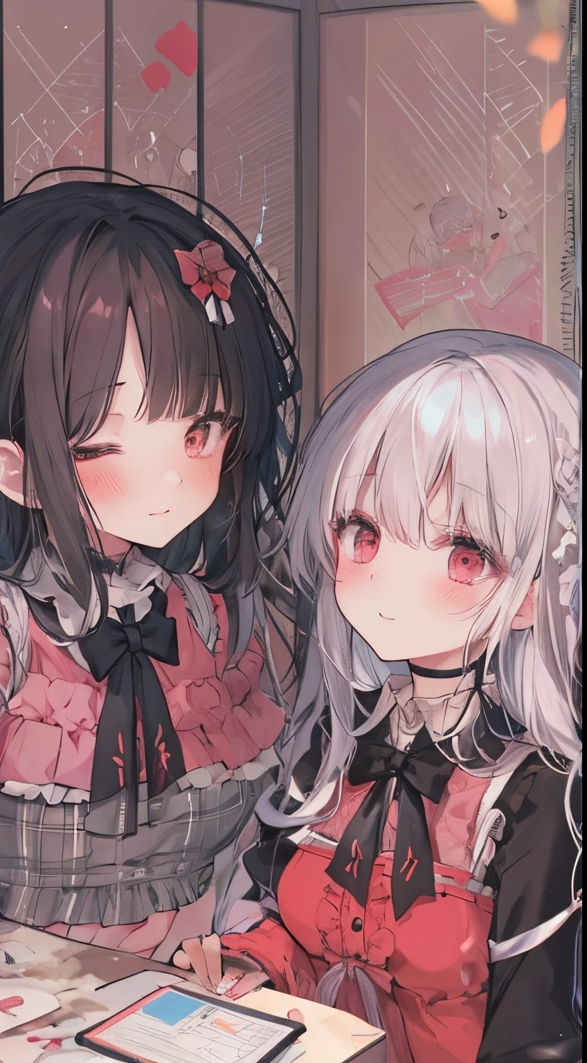 looking happy smile、((two people hugging in the room:1.8)),(blush:1.1),Choker,tome'same as them'having a physical fight、top-quality、masutepiece、Blushing cheeks、Mine makeup、Yandere Images、black and red lolita fashion、One person shortcuts、Colorful long hair、《Messy room》、bustup、The style is very good、two women appear、femele2a person