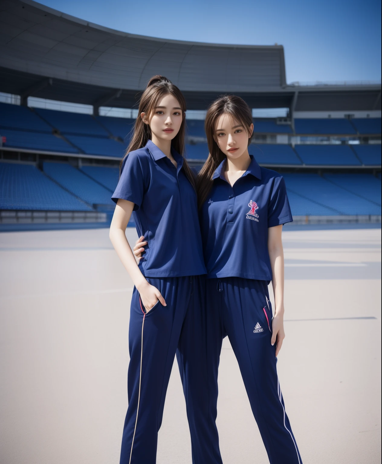 (bestquality,10,10,highres,masterpiece:1.2),ultra-detail,(Realistic,photorealistic portrait,photo-realistic:1.37),1 Cute girl in the football field,oily shiny skin,bara,light smile,BDclothes,((blue shirt:1.3)),short sleeves,shirt, trousers.,(navy_long_Pants Track:1.1), ((Stadium Background:1.3)),dynamic angle,excited,face focus,Dynamic Poses,from behide,Ass Focus,masterpiece, bestquality, ultra realistic, hyper-detail, 8k resolution, RAW photo, crisp focus, ((Navy blue shirt:1.1)), short sleeves, Long Path, Perfect body, 2 mature women, 18yo, cinematic light,Blue sweatpants,Gymware,Correct anatomy,Complete body, Correct body, sharp face, Anatomically correct body, full entire body, Realistic gestures, long-haired, Realistic poses,Wear long shorts........................,Long leg span,Shapely,Sculpting Girl, Slender Figure, mannequin mannequins, Shapely, Beautiful body,Blue sweatpants, Two girls kissing