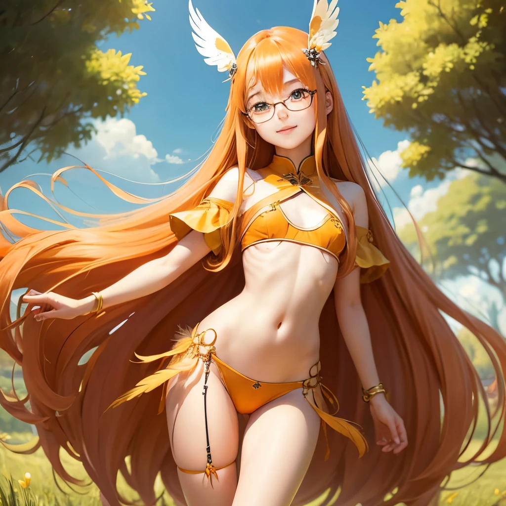 Orange long hair、hime-cut、Golden Eyes、eye glasses、ssmile、early age girls、flat chest、Thin pubic hair、Beautiful open legs、thin feather fabric、grass field