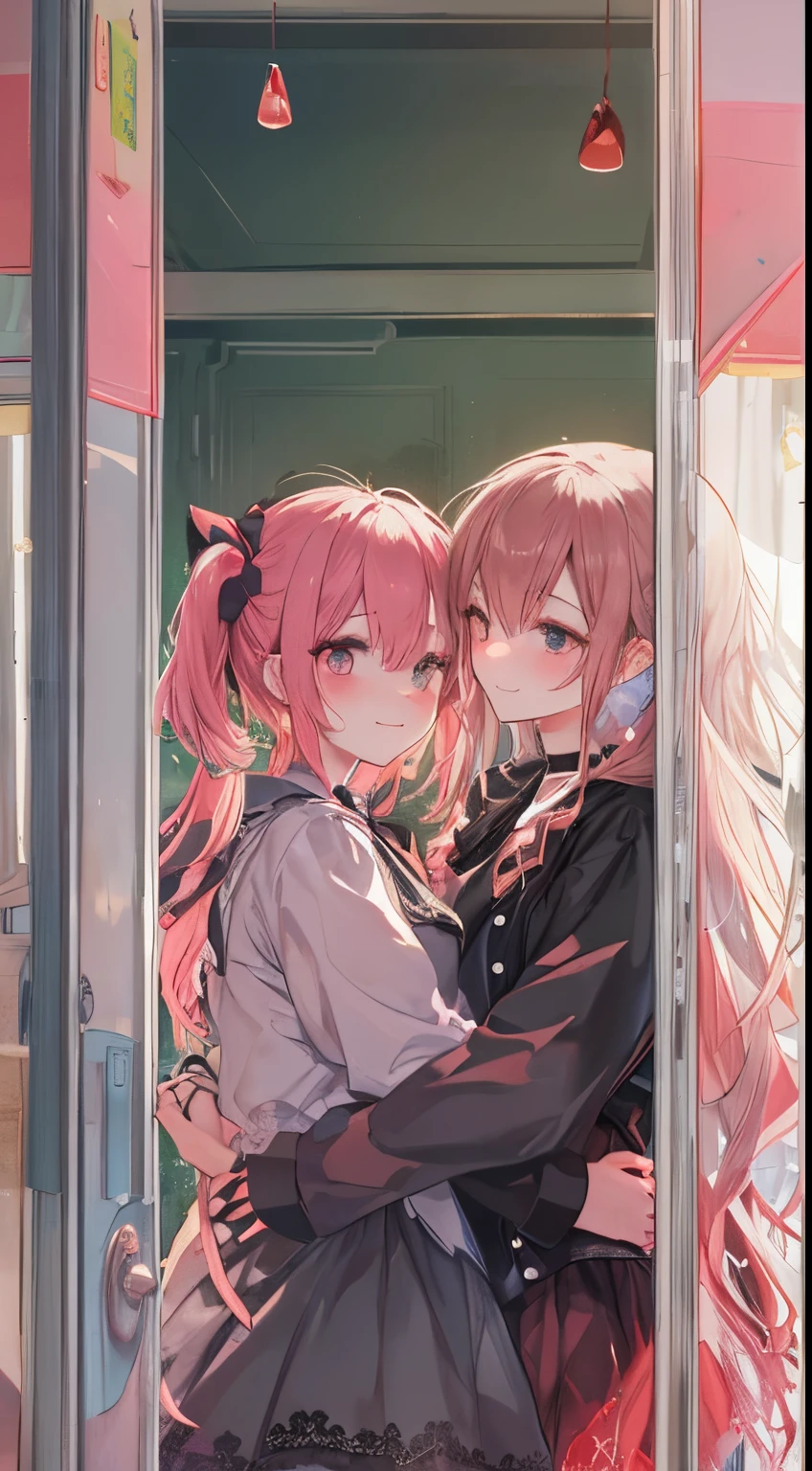 looking happy smile、（（two people hugging in the room:1.8））,(blush:1.1),Choker,tome&#39;same as them&#39;having a physical fight、top-quality、masutepiece、Blushing cheeks、Mine makeup、Yandere Images、black and red lolita fashion、One person shortcuts、Colorful long hair、《Messy room》、bustup、The style is very good、two women appear、femele２a person