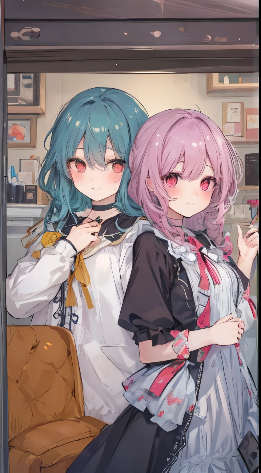 looking happy smile、((two people hugging in the room:1.8)),(blush:1.1),Choker,tome'same as them'having a physical fight、top-quality、masutepiece、Blushing cheeks、Mine makeup、Yandere Images、black and red lolita fashion、One person shortcuts、Colorful long hair、《Messy room》、bustup、The style is very good、two women appear、femele2a person
