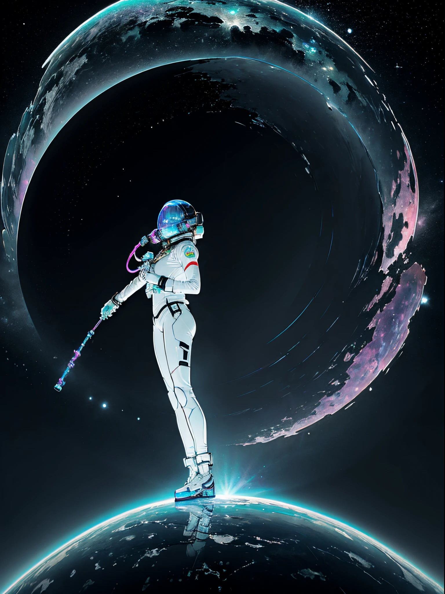Female astronaut (((floating in space with air pipe connected to suit))), stars, planets, nebulas, full body, {extremely detailed 16k CG unit wallpaper}, expansive landscape photography, (a view from below with focus on the character and the scene), (wide view of the open field), (low angle photo), (high light: 1.2), (low light: 1.8), (warm light source: 1.2), details complex, (iridescent colors: 1.5), (bright lighting), (atmospheric lighting), dreamy, unique, lineart, black and white