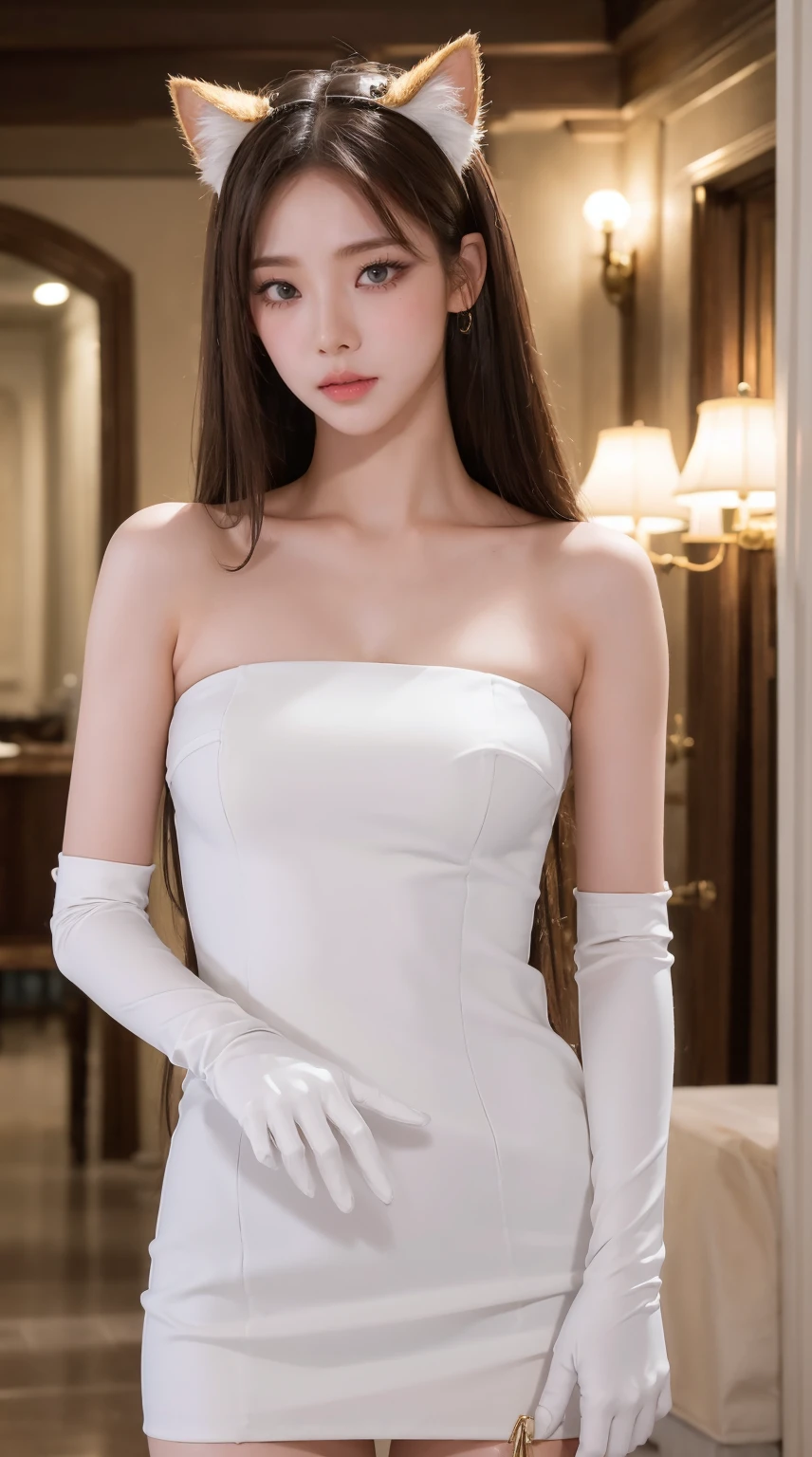 (Masterpiece, Best Quality, High Resolution: 1.2), sweet expression, 1 Girl, Solo, Long hair, Grey Eyes, Upper Body, white Dress, White Gloves, Golden Brown Hair, Cat Ears
