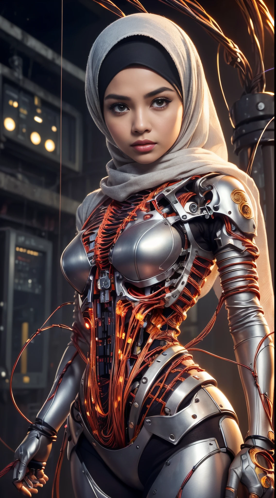 RAW, Best quality, high resolution, masterpiece: 1.3), beautiful Malay woman in hijab (iu:0.8),(((malay girl))), beutifull face, (((masterpiece))), ((best quality)), ((ultra-detailed)), (CG illustration), (an extremely devious and beautiful)), cinematic light, ((1 mechanical African girl)), (((hijab))), long hijab, silver hijab, single, full, (machine-made joints: 1.4), ((mechanical limb)), ( blood vessels attached to the tube), ((mechanical spine attached to the back)), ((mechanical cervical vertebrae attached to the neck), ((combat stance, sparks all around)), expressionless, (wires and cables attached to the head and body: 1.5), (character focus), science fiction, apocalypse, glow,((perfect face)), (non-hair)