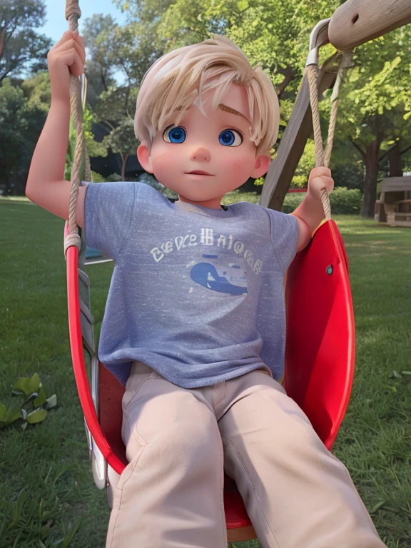 blond hair blue eyes red swing grey shirt blue pants