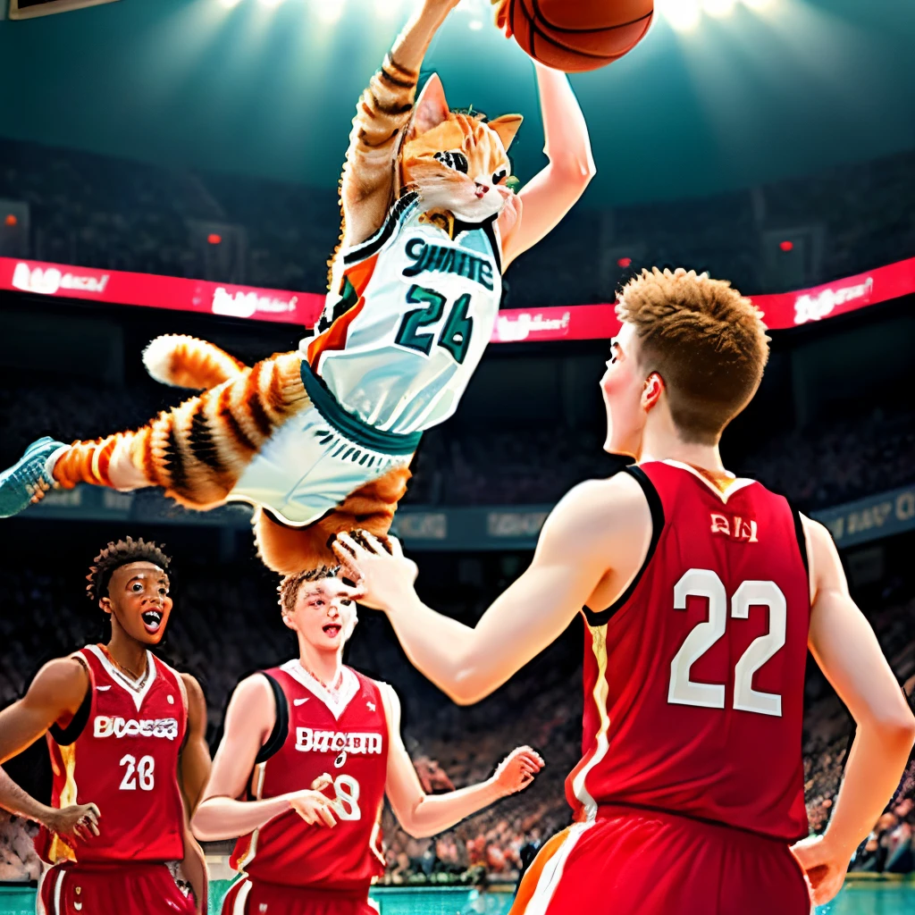 generate an image of an orange kitten slam dunking over a team of great white sharks playing basketball in the ocean. theyre all wearing jerseys. the kitten’s teammates who are also all kittens are cheering him on in the background