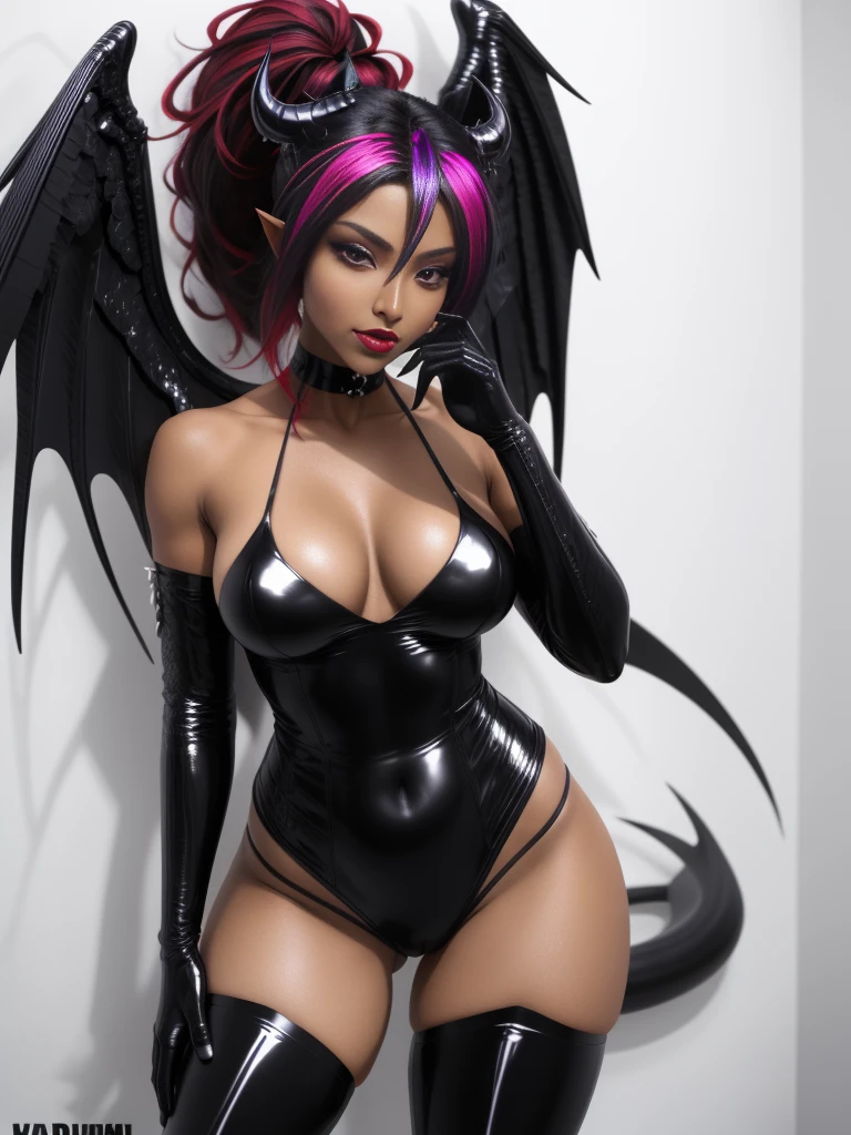 65-year-old, multicolored gradient hair, from black hair to crimson blood red hair, high ponytail, girly hair bow.
colored skin, dark skin, dark skinned, tanned skin, tan skinned, tan skin, tan, tan lines, tan-lines, tanline.
red lipstick + black lipstick + bimbo, goth, professional makeup.
seductive gaze, glowing eyes, purple eyes, slitted eyes.
some wrinkles on her face, age spot, very sexy evening outfit that reveals her small waist, many pieces of clothing being wore on top of one another.
sculpted calves, digitigrade, hooves instead of feet, shark tail, fangs, sharp teeth, iridescent thigh bands,
flat belly, no abdominal musculature, full big breasts, hyper round hips,
himejima akeno. (glittery black angel wings + black halo) + (white demon wings + shining white horns),
cyberpunk gal, witch temptress, bad girl, bad bitch, fashion acessories, expensive jewelry,
realistic, intricate, complex, 8k, highres, best quality, award winning, full shot, high details, high quality, super detail, textured skin, masterpiece, UHD, clear background.